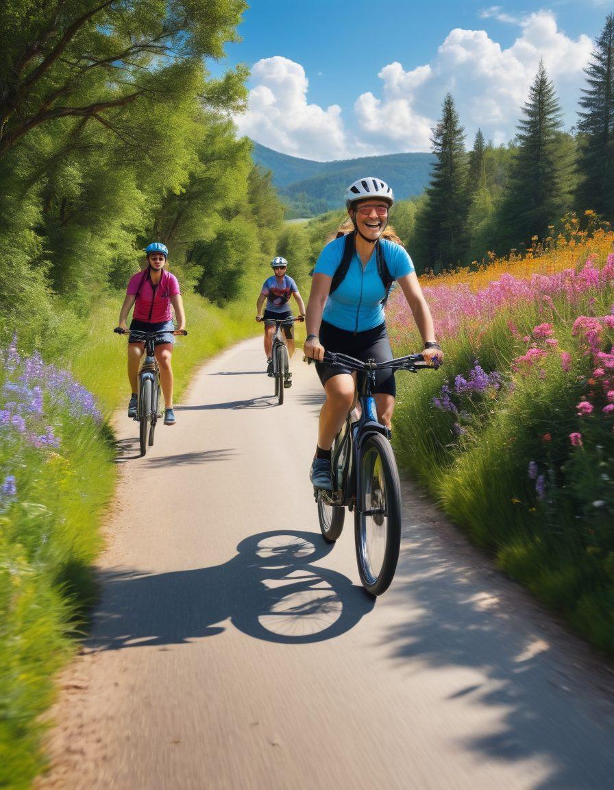 A scenic outdoor landscape featuring a diverse group of joyful cyclists riding e-bikes along a winding trail, surrounded by lush greenery and bright wildflowers. The sky is a vibrant blue with fluffy white clouds, and the cyclists are wearing colorful helmets and active wear. Include a sense of motion and freedom, with some cyclists laughing and enjoying the ride. The scene captures the essence of adventure and connection with nature. super-realistic. vibrant colors. high detail.