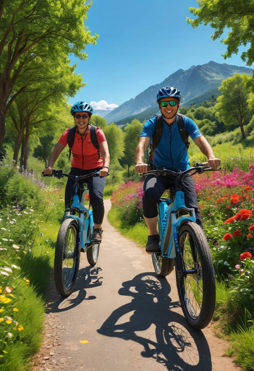 A vibrant scene showcasing various high-performance e-bikes on a scenic pathway, with happy diverse riders enjoying their journey through lush greenery and blooming flowers. The backdrop features a bright blue sky and distant mountains to emphasize adventure. Include elements like sunlight filtering through trees, making the atmosphere feel energizing and joyful. super-realistic. vibrant colors. clear sky.