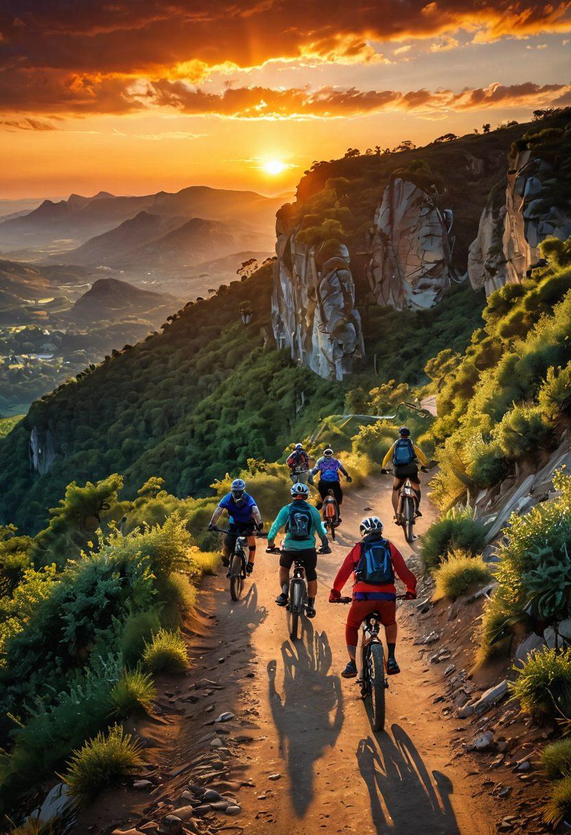 A breathtaking landscape with a vibrant sunset, featuring a diverse group of joyful riders on high-performance e-bikes, zooming down a winding mountain trail. The scene captures their expressions of pure exhilaration and freedom, surrounded by lush greenery and dramatic cliffs. The bikes should be sleek and modern, showcasing advanced technology, with bright colors that stand out against the natural beauty. super-realistic. vibrant colors. dramatic lighting.